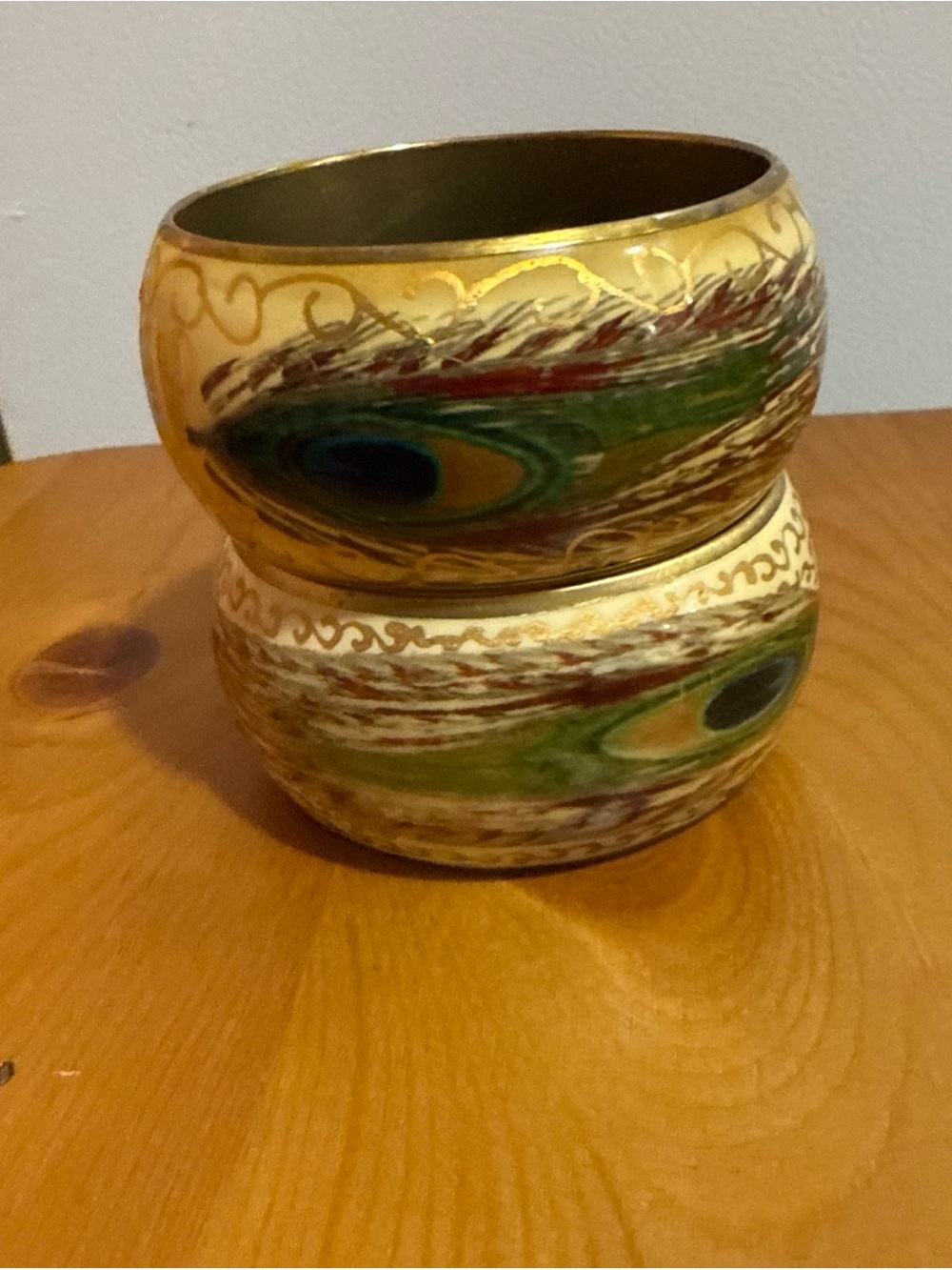 Peacock vintage set of 2 Western Feather Bangle Bracelets brass enamel